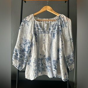 Joie 100% silk white blouse with blue pattern